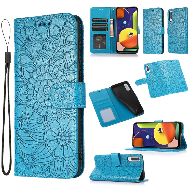 For Samsung Galaxy A50s Skin Feel Embossed Sunflower Horizontal Flip Leather Case with Holder & Card Slots & Wallet & Lanyard