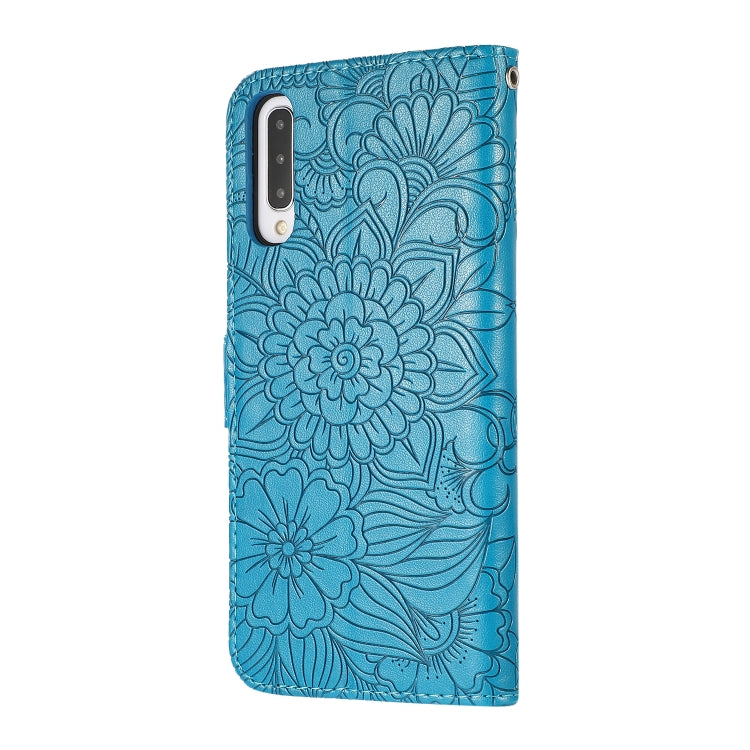 For Samsung Galaxy A50s Skin Feel Embossed Sunflower Horizontal Flip Leather Case with Holder & Card Slots & Wallet & Lanyard