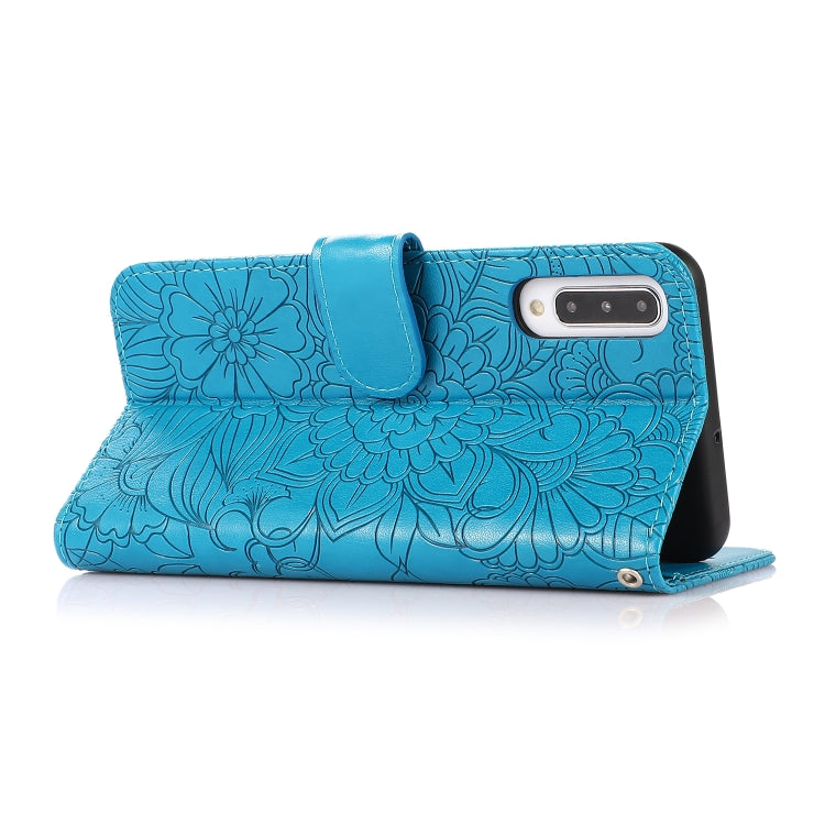 For Samsung Galaxy A50s Skin Feel Embossed Sunflower Horizontal Flip Leather Case with Holder & Card Slots & Wallet & Lanyard