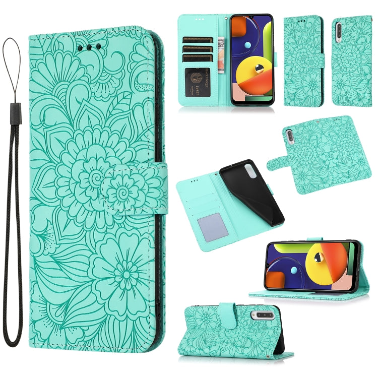 For Samsung Galaxy A50s Skin Feel Embossed Sunflower Horizontal Flip Leather Case with Holder & Card Slots & Wallet & Lanyard
