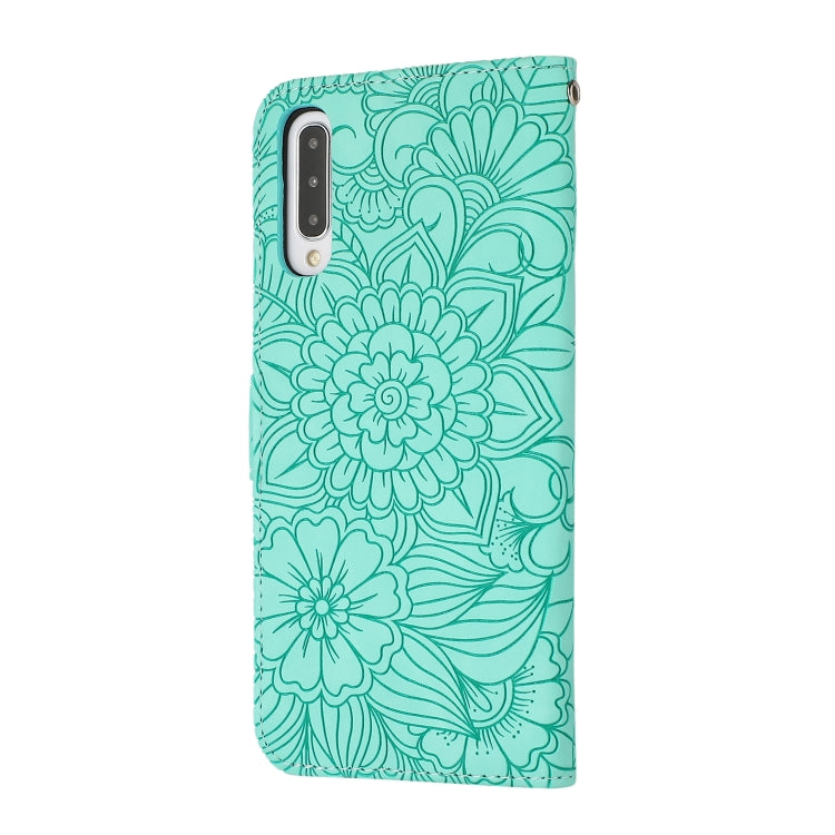 For Samsung Galaxy A50s Skin Feel Embossed Sunflower Horizontal Flip Leather Case with Holder & Card Slots & Wallet & Lanyard