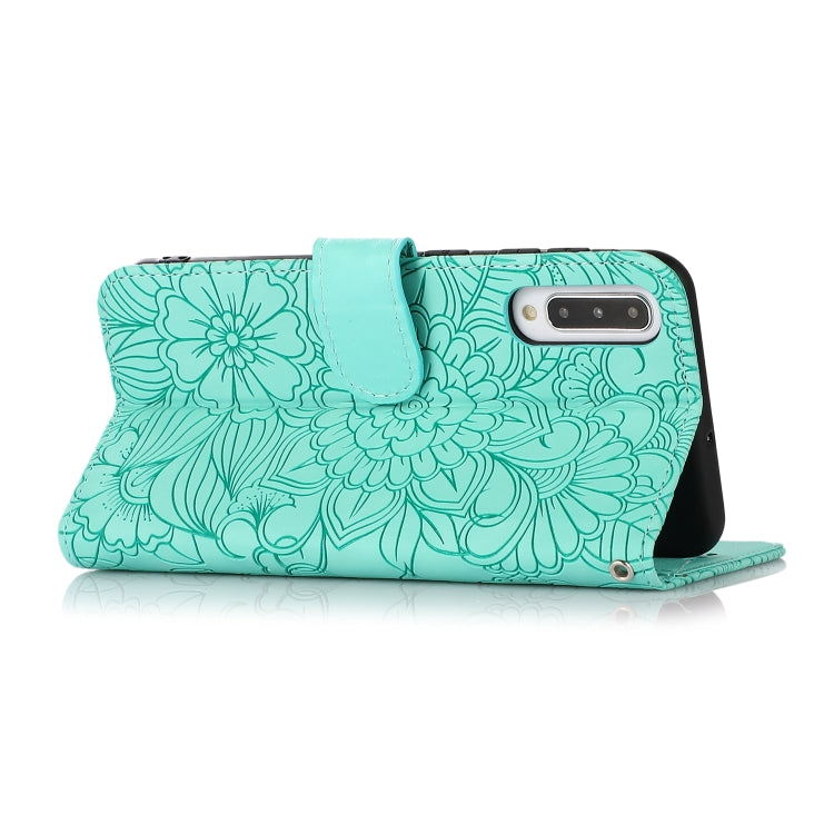For Samsung Galaxy A50s Skin Feel Embossed Sunflower Horizontal Flip Leather Case with Holder & Card Slots & Wallet & Lanyard