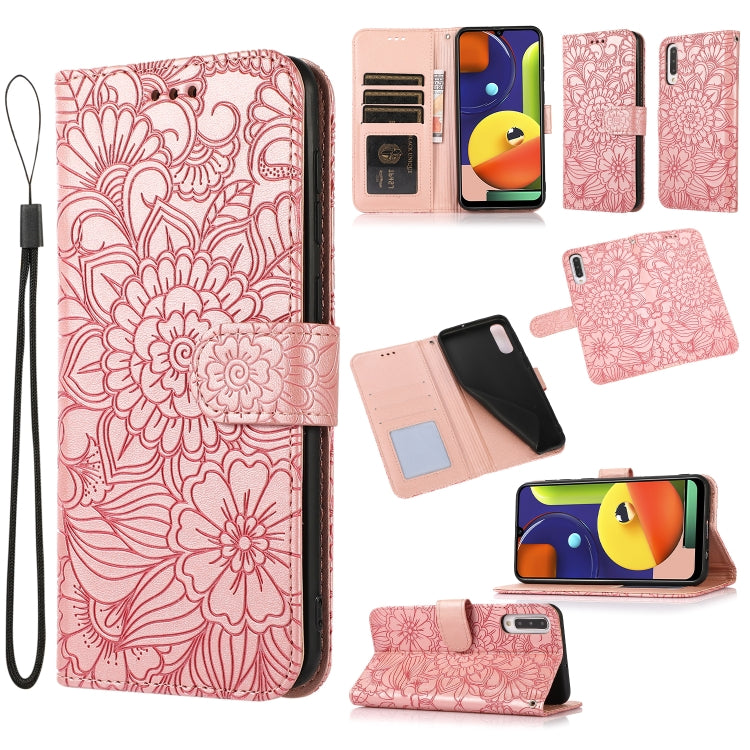 For Samsung Galaxy A50s Skin Feel Embossed Sunflower Horizontal Flip Leather Case with Holder & Card Slots & Wallet & Lanyard