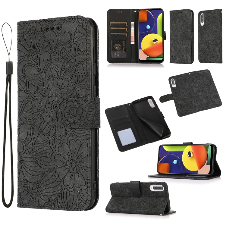 For Samsung Galaxy A50s Skin Feel Embossed Sunflower Horizontal Flip Leather Case with Holder & Card Slots & Wallet & Lanyard