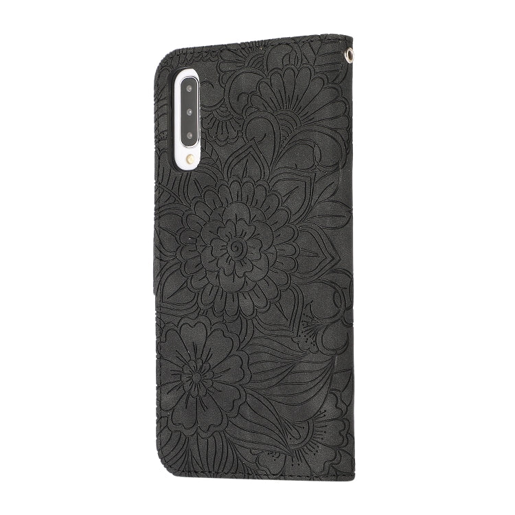 For Samsung Galaxy A50s Skin Feel Embossed Sunflower Horizontal Flip Leather Case with Holder & Card Slots & Wallet & Lanyard