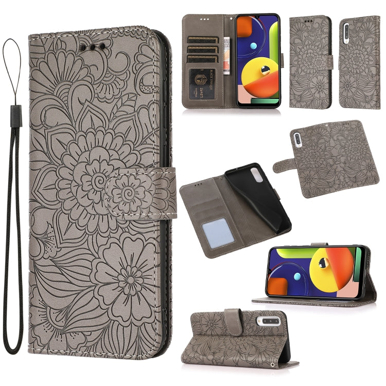 For Samsung Galaxy A50s Skin Feel Embossed Sunflower Horizontal Flip Leather Case with Holder & Card Slots & Wallet & Lanyard