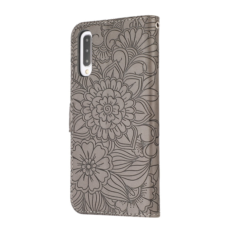 For Samsung Galaxy A50s Skin Feel Embossed Sunflower Horizontal Flip Leather Case with Holder & Card Slots & Wallet & Lanyard