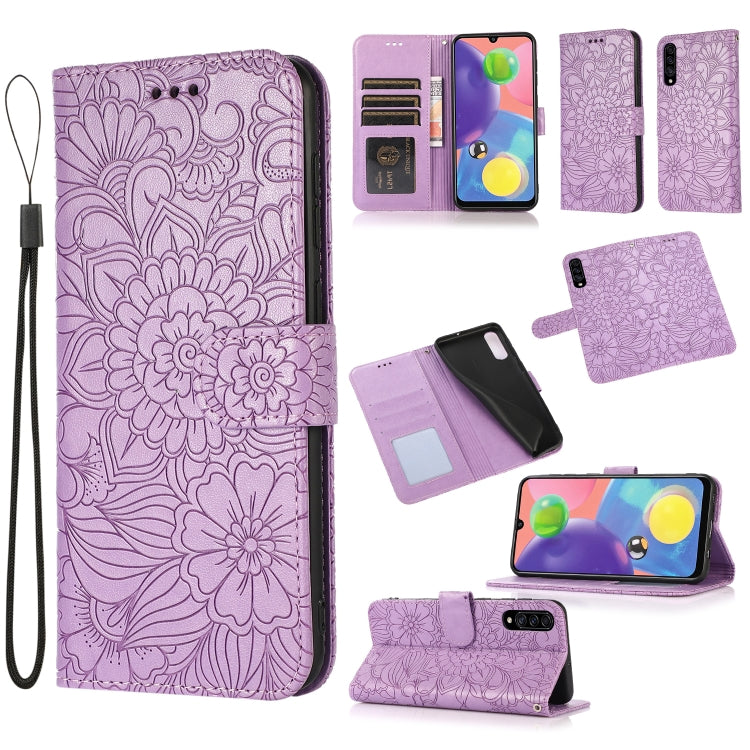 For Samsung Galaxy A70s Skin Feel Embossed Sunflower Horizontal Flip Leather Case with Holder & Card Slots & Wallet & Lanyard
