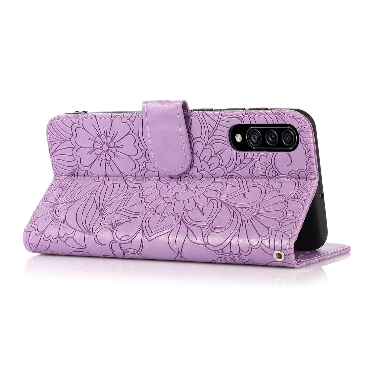 For Samsung Galaxy A70s Skin Feel Embossed Sunflower Horizontal Flip Leather Case with Holder & Card Slots & Wallet & Lanyard