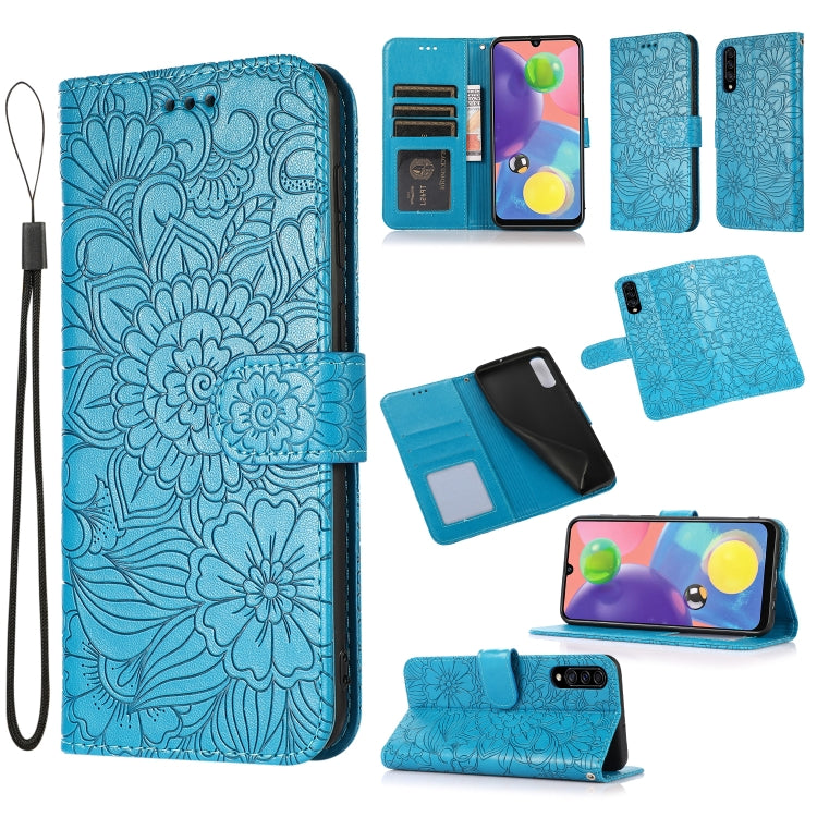 For Samsung Galaxy A70s Skin Feel Embossed Sunflower Horizontal Flip Leather Case with Holder & Card Slots & Wallet & Lanyard