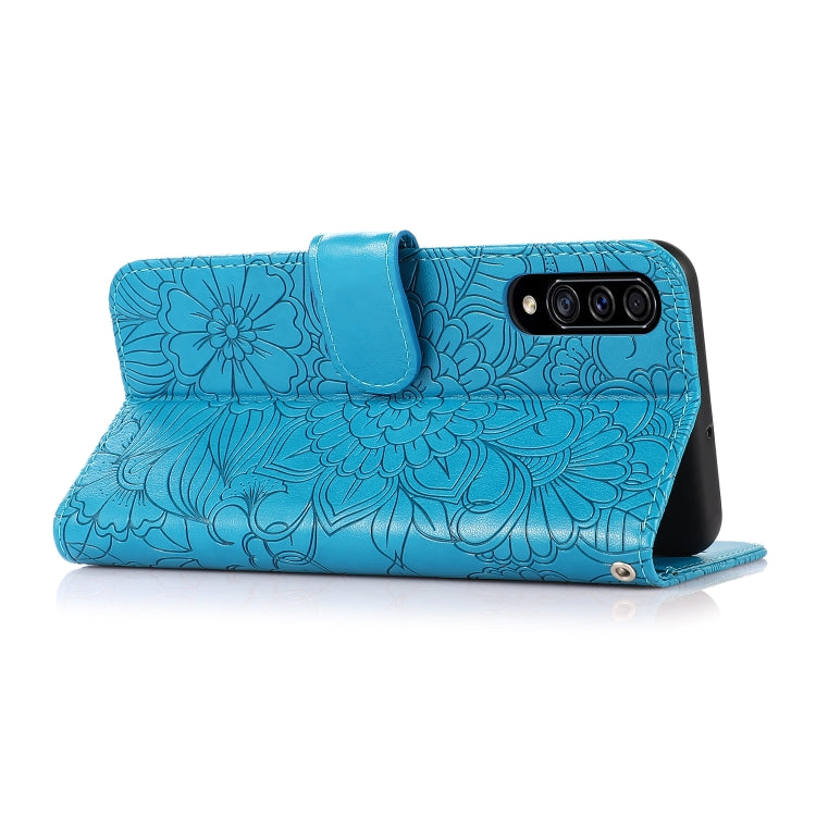 For Samsung Galaxy A70s Skin Feel Embossed Sunflower Horizontal Flip Leather Case with Holder & Card Slots & Wallet & Lanyard