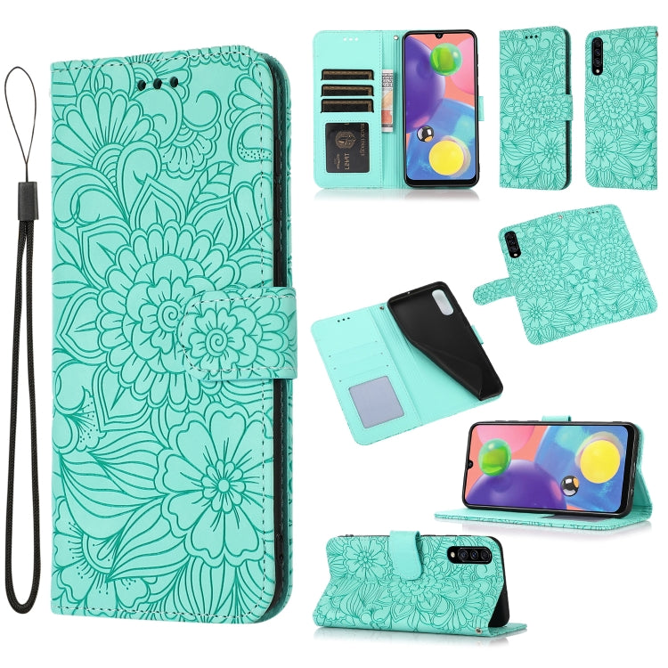 For Samsung Galaxy A70s Skin Feel Embossed Sunflower Horizontal Flip Leather Case with Holder & Card Slots & Wallet & Lanyard