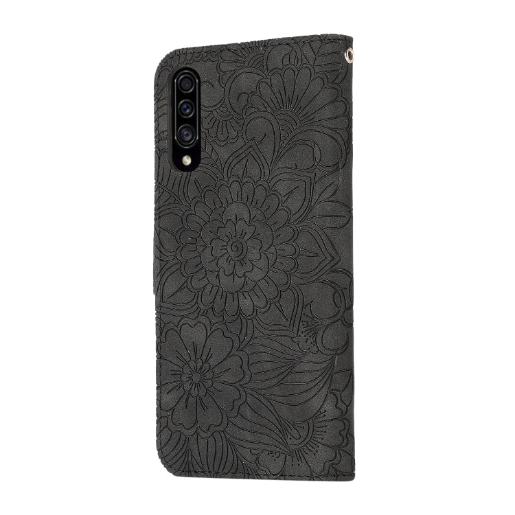 For Samsung Galaxy A70s Skin Feel Embossed Sunflower Horizontal Flip Leather Case with Holder & Card Slots & Wallet & Lanyard