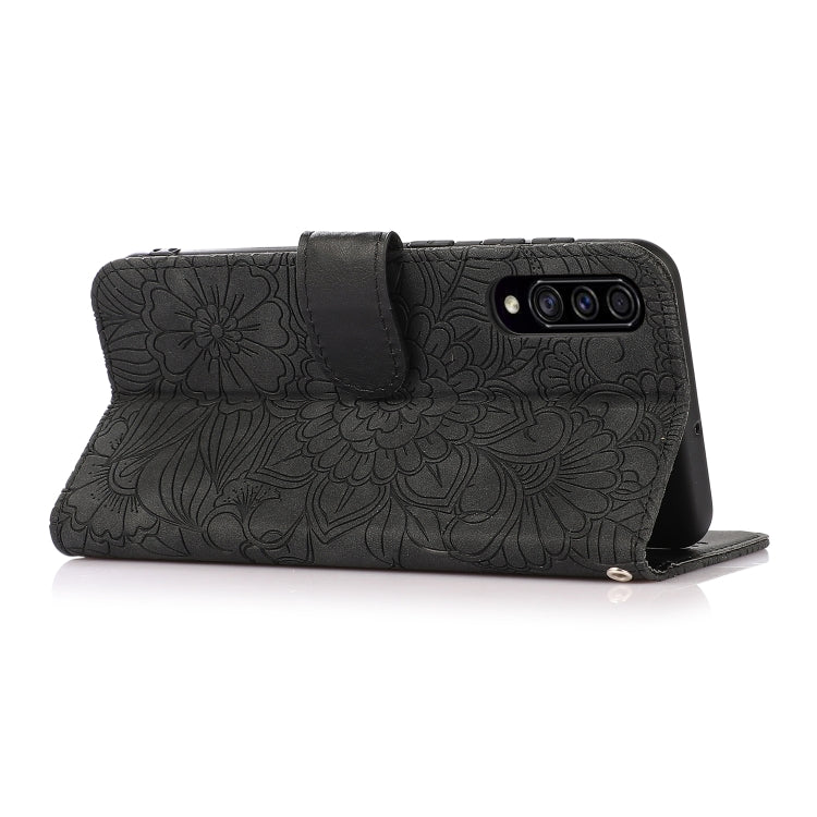 For Samsung Galaxy A70s Skin Feel Embossed Sunflower Horizontal Flip Leather Case with Holder & Card Slots & Wallet & Lanyard