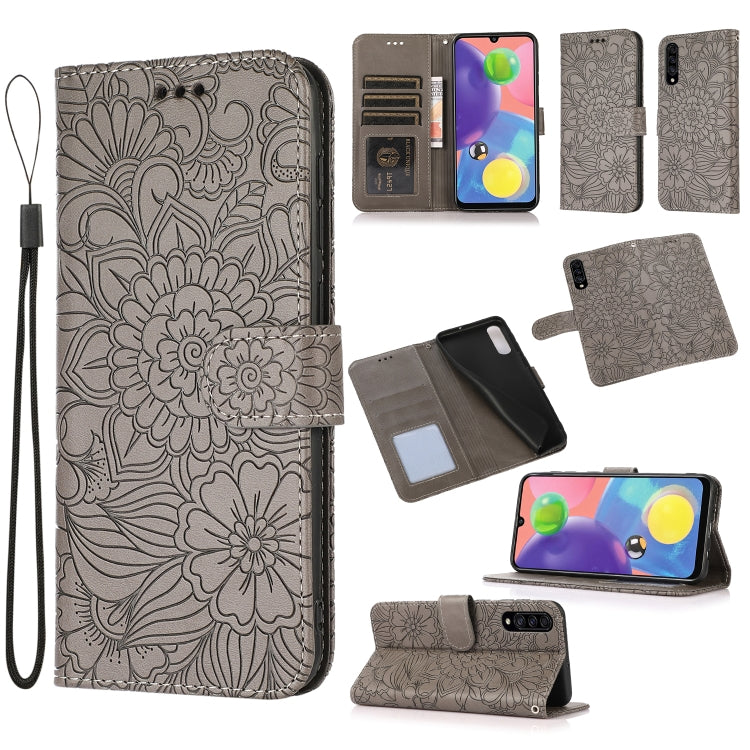 For Samsung Galaxy A70s Skin Feel Embossed Sunflower Horizontal Flip Leather Case with Holder & Card Slots & Wallet & Lanyard
