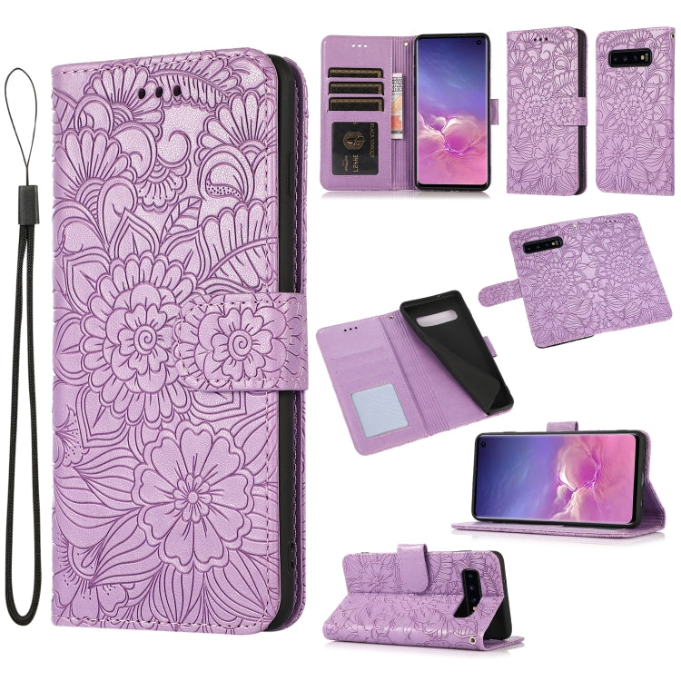 For Samsung Galaxy S10+ Skin Feel Embossed Sunflower Horizontal Flip Leather Case with Holder & Card Slots & Wallet & Lanyard