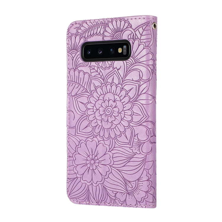 For Samsung Galaxy S10+ Skin Feel Embossed Sunflower Horizontal Flip Leather Case with Holder & Card Slots & Wallet & Lanyard