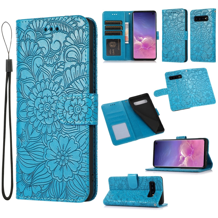 For Samsung Galaxy S10+ Skin Feel Embossed Sunflower Horizontal Flip Leather Case with Holder & Card Slots & Wallet & Lanyard