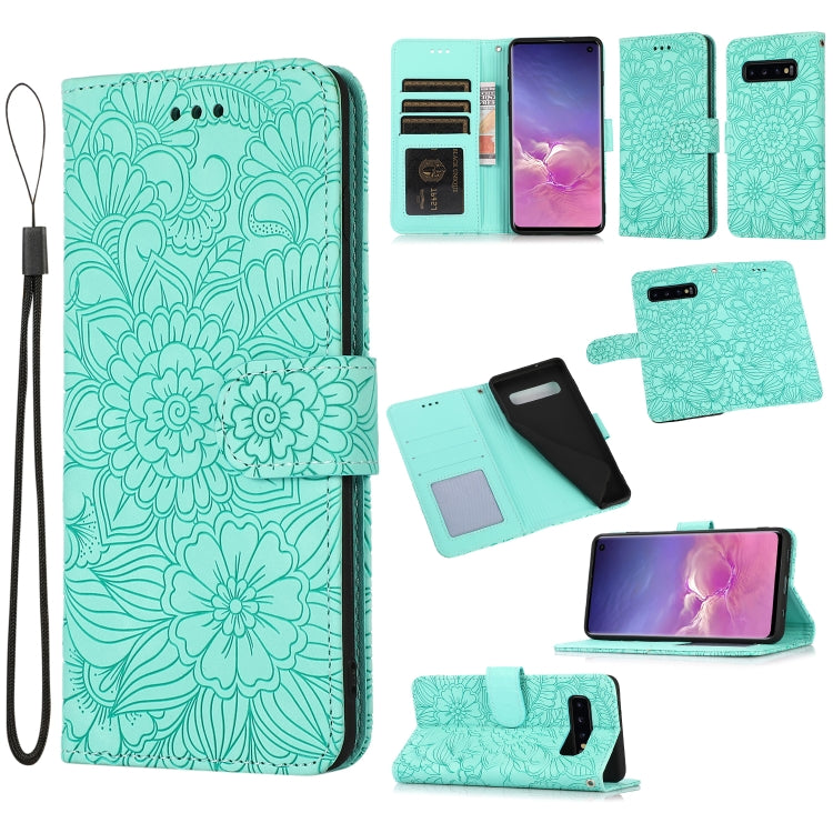 For Samsung Galaxy S10+ Skin Feel Embossed Sunflower Horizontal Flip Leather Case with Holder & Card Slots & Wallet & Lanyard