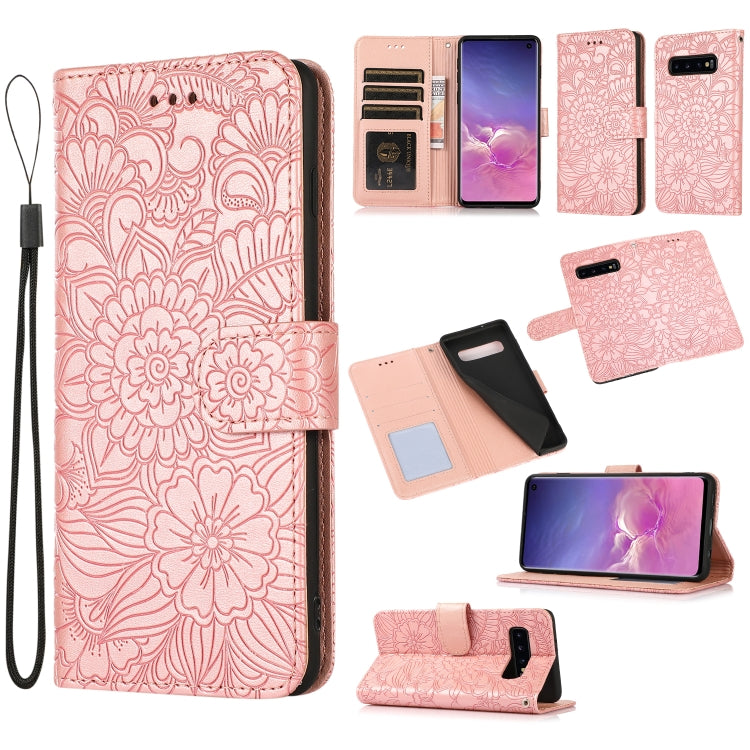 For Samsung Galaxy S10+ Skin Feel Embossed Sunflower Horizontal Flip Leather Case with Holder & Card Slots & Wallet & Lanyard