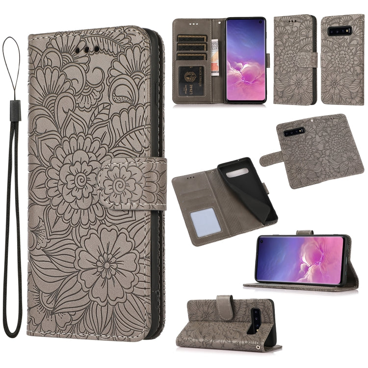 For Samsung Galaxy S10+ Skin Feel Embossed Sunflower Horizontal Flip Leather Case with Holder & Card Slots & Wallet & Lanyard