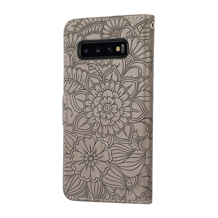 For Samsung Galaxy S10+ Skin Feel Embossed Sunflower Horizontal Flip Leather Case with Holder & Card Slots & Wallet & Lanyard