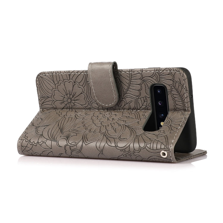 For Samsung Galaxy S10+ Skin Feel Embossed Sunflower Horizontal Flip Leather Case with Holder & Card Slots & Wallet & Lanyard