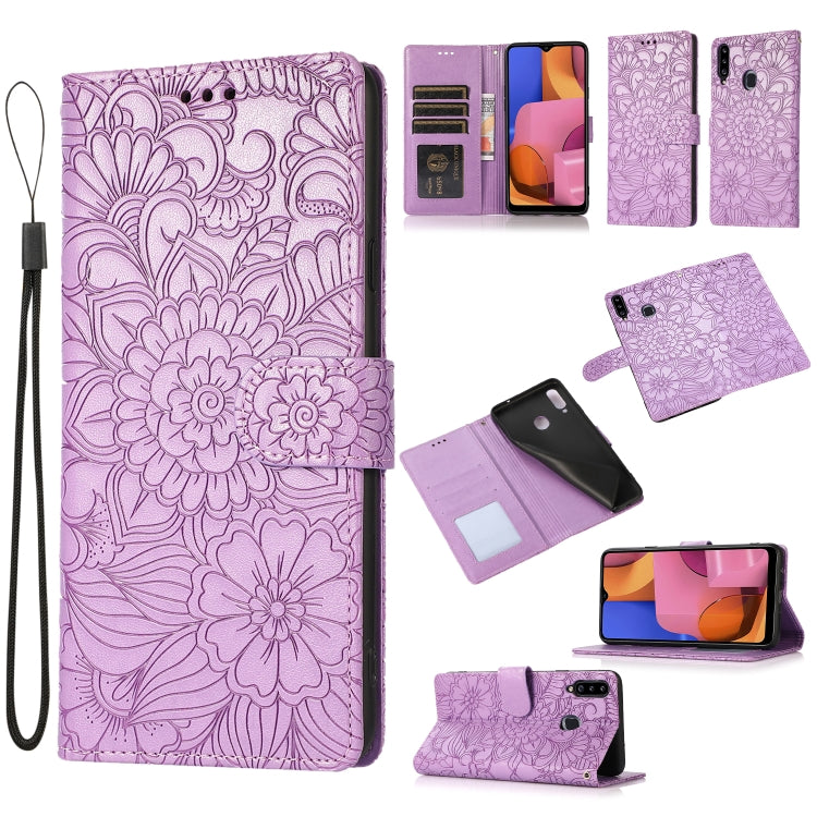For Samsung Galaxy A20s Skin Feel Embossed Sunflower Horizontal Flip Leather Case with Holder & Card Slots & Wallet & Lanyard