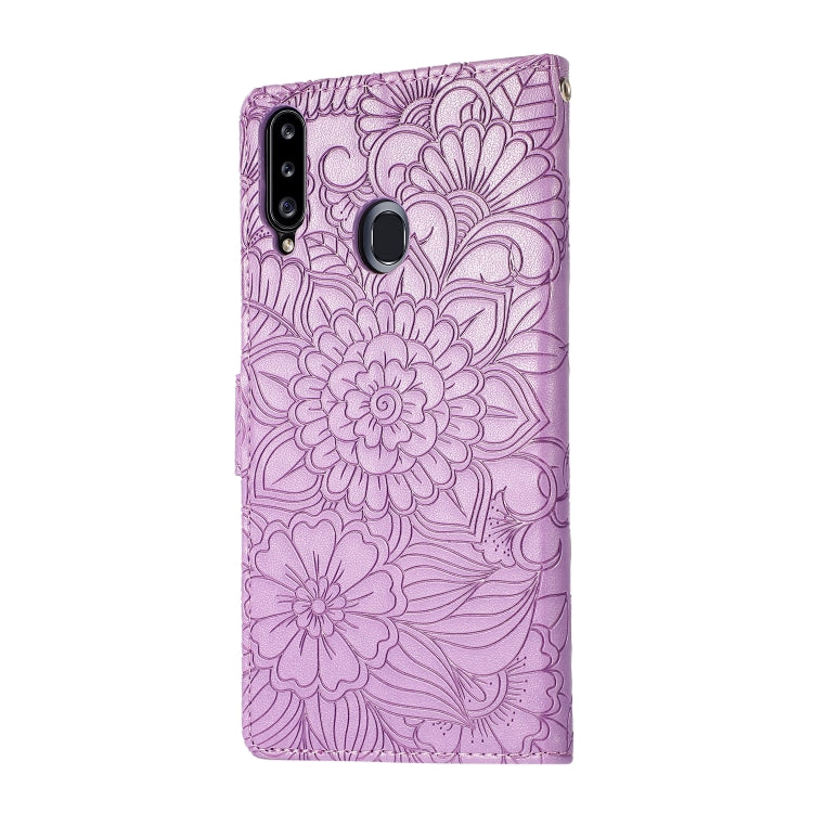 For Samsung Galaxy A20s Skin Feel Embossed Sunflower Horizontal Flip Leather Case with Holder & Card Slots & Wallet & Lanyard