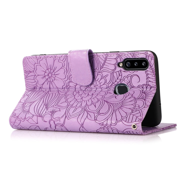 For Samsung Galaxy A20s Skin Feel Embossed Sunflower Horizontal Flip Leather Case with Holder & Card Slots & Wallet & Lanyard