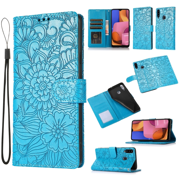 For Samsung Galaxy A20s Skin Feel Embossed Sunflower Horizontal Flip Leather Case with Holder & Card Slots & Wallet & Lanyard