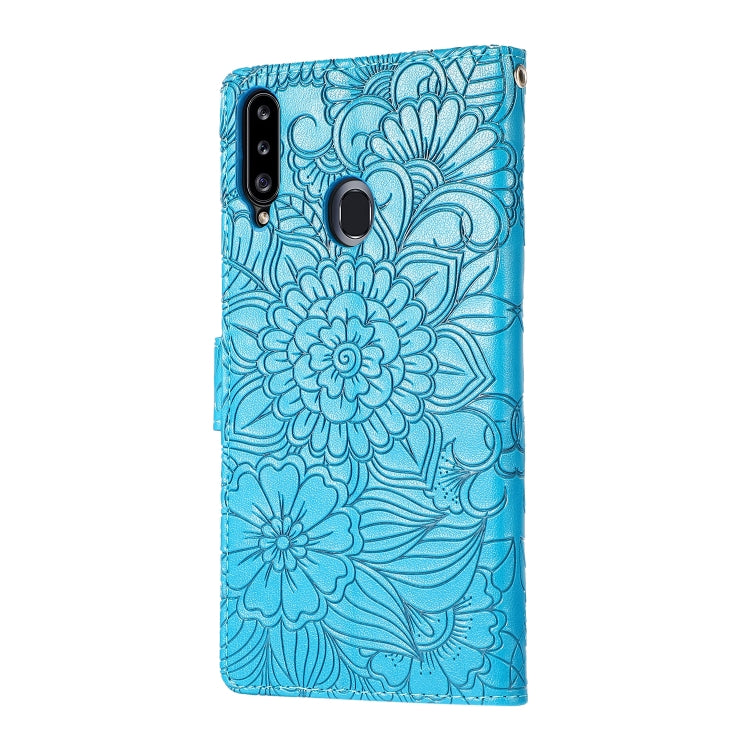 For Samsung Galaxy A20s Skin Feel Embossed Sunflower Horizontal Flip Leather Case with Holder & Card Slots & Wallet & Lanyard