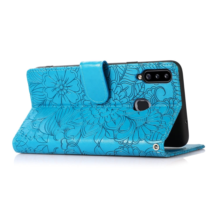 For Samsung Galaxy A20s Skin Feel Embossed Sunflower Horizontal Flip Leather Case with Holder & Card Slots & Wallet & Lanyard