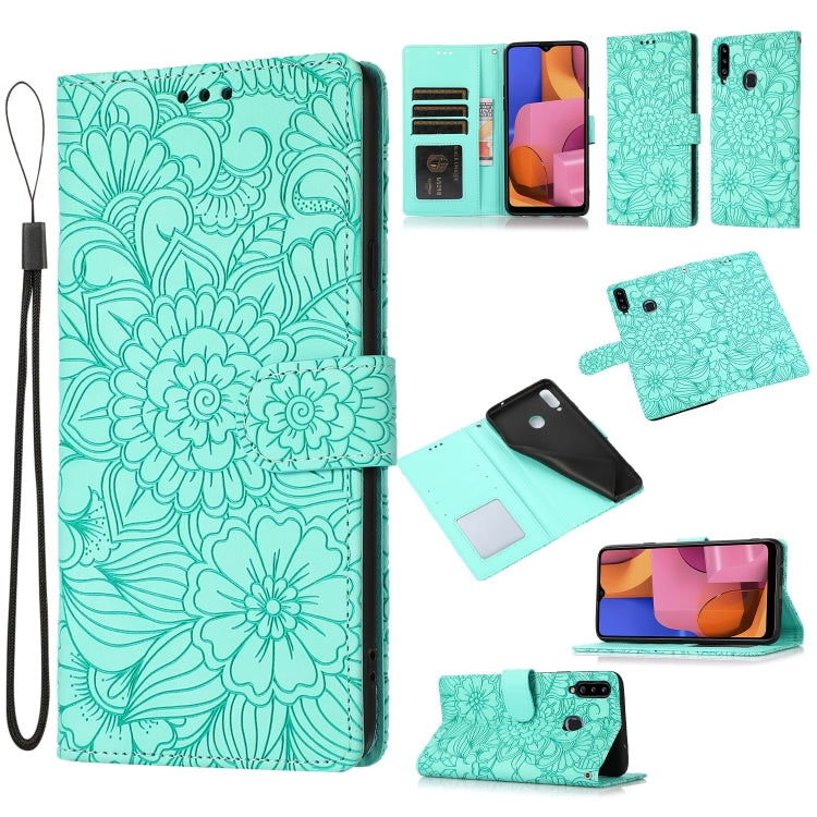 For Samsung Galaxy A20s Skin Feel Embossed Sunflower Horizontal Flip Leather Case with Holder & Card Slots & Wallet & Lanyard