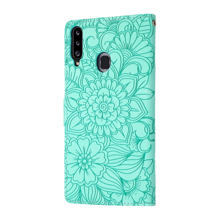 For Samsung Galaxy A20s Skin Feel Embossed Sunflower Horizontal Flip Leather Case with Holder & Card Slots & Wallet & Lanyard