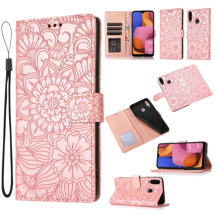 For Samsung Galaxy A20s Skin Feel Embossed Sunflower Horizontal Flip Leather Case with Holder & Card Slots & Wallet & Lanyard