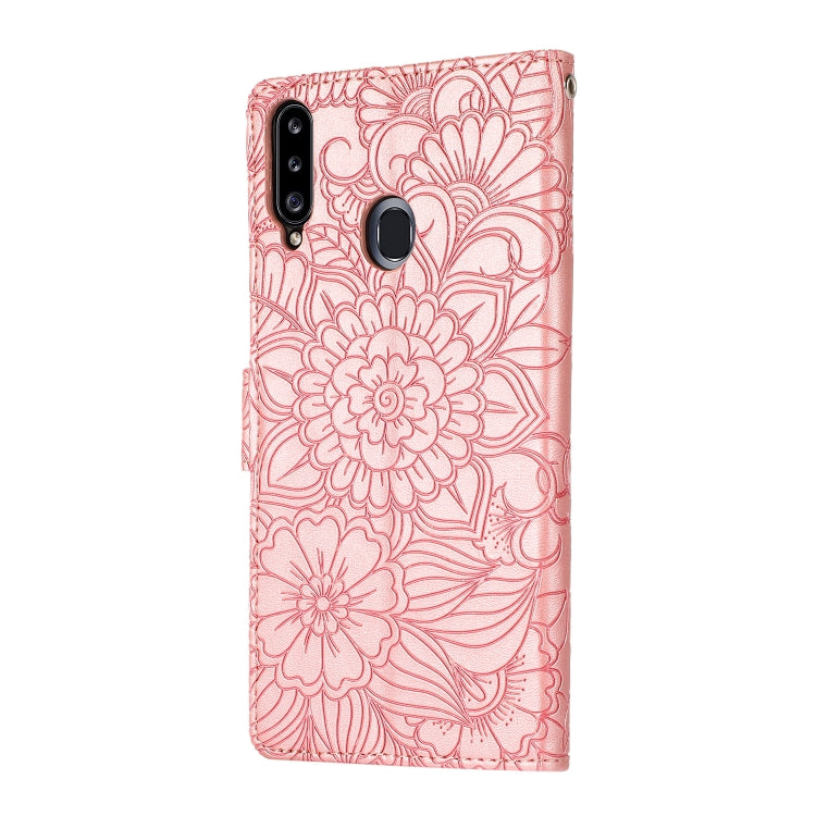 For Samsung Galaxy A20s Skin Feel Embossed Sunflower Horizontal Flip Leather Case with Holder & Card Slots & Wallet & Lanyard