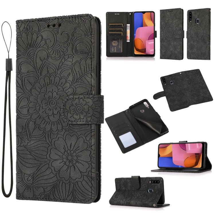 For Samsung Galaxy A20s Skin Feel Embossed Sunflower Horizontal Flip Leather Case with Holder & Card Slots & Wallet & Lanyard