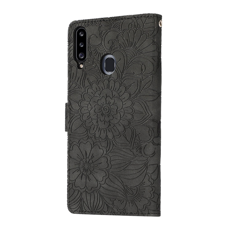 For Samsung Galaxy A20s Skin Feel Embossed Sunflower Horizontal Flip Leather Case with Holder & Card Slots & Wallet & Lanyard