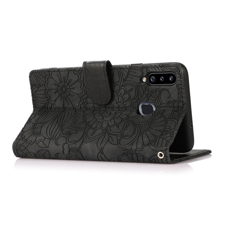 For Samsung Galaxy A20s Skin Feel Embossed Sunflower Horizontal Flip Leather Case with Holder & Card Slots & Wallet & Lanyard