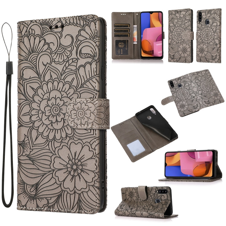 For Samsung Galaxy A20s Skin Feel Embossed Sunflower Horizontal Flip Leather Case with Holder & Card Slots & Wallet & Lanyard