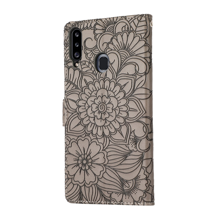 For Samsung Galaxy A20s Skin Feel Embossed Sunflower Horizontal Flip Leather Case with Holder & Card Slots & Wallet & Lanyard