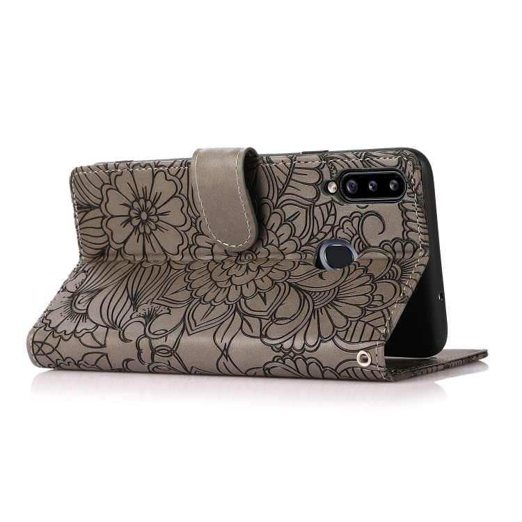 For Samsung Galaxy A20s Skin Feel Embossed Sunflower Horizontal Flip Leather Case with Holder & Card Slots & Wallet & Lanyard