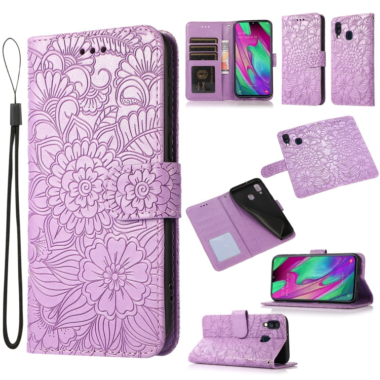 For Samsung Galaxy A40 Skin Feel Embossed Sunflower Horizontal Flip Leather Case with Holder & Card Slots & Wallet & Lanyard