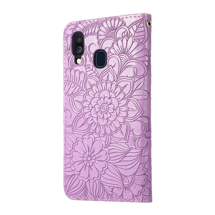 For Samsung Galaxy A40 Skin Feel Embossed Sunflower Horizontal Flip Leather Case with Holder & Card Slots & Wallet & Lanyard