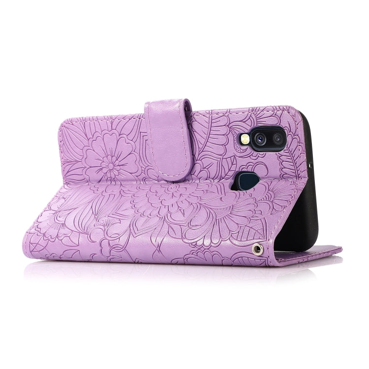 For Samsung Galaxy A40 Skin Feel Embossed Sunflower Horizontal Flip Leather Case with Holder & Card Slots & Wallet & Lanyard