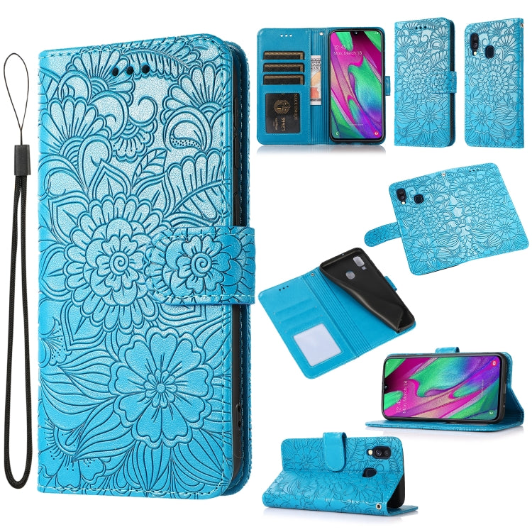 For Samsung Galaxy A40 Skin Feel Embossed Sunflower Horizontal Flip Leather Case with Holder & Card Slots & Wallet & Lanyard