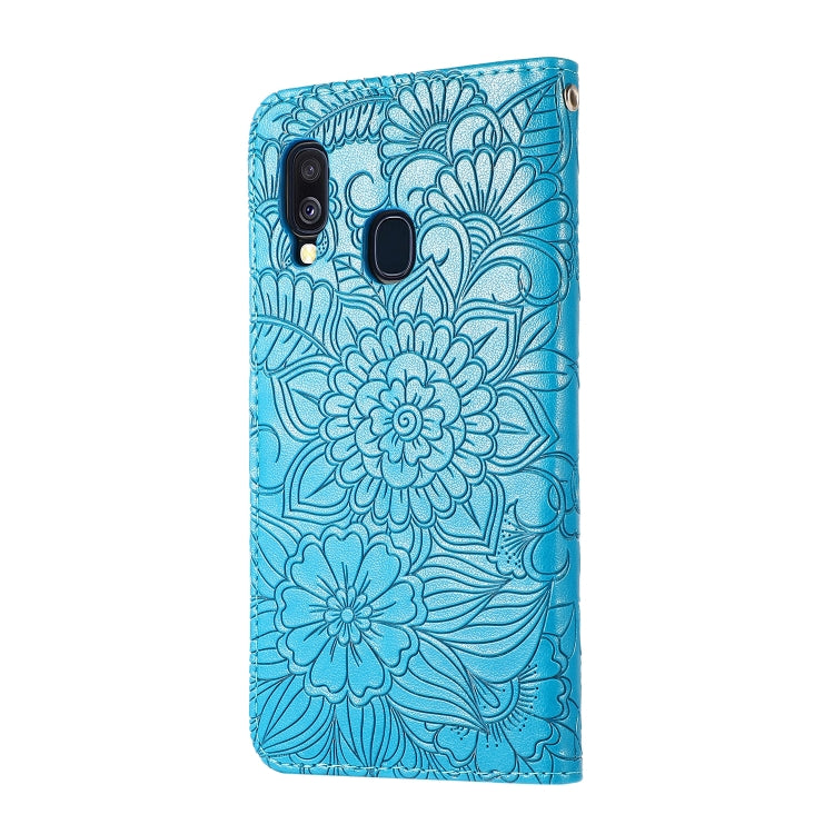 For Samsung Galaxy A40 Skin Feel Embossed Sunflower Horizontal Flip Leather Case with Holder & Card Slots & Wallet & Lanyard