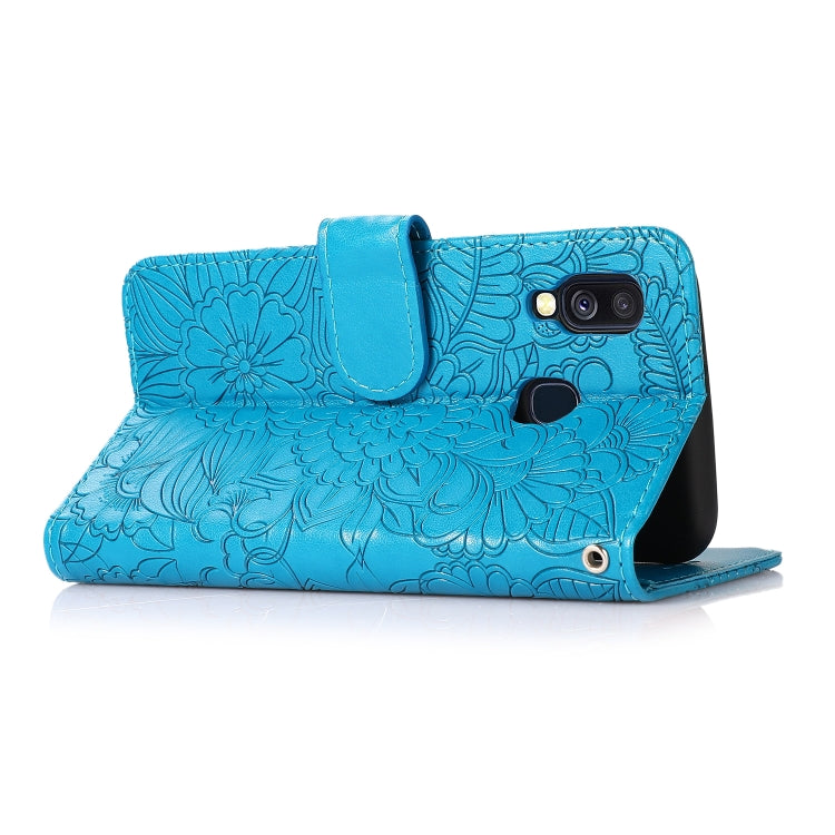For Samsung Galaxy A40 Skin Feel Embossed Sunflower Horizontal Flip Leather Case with Holder & Card Slots & Wallet & Lanyard
