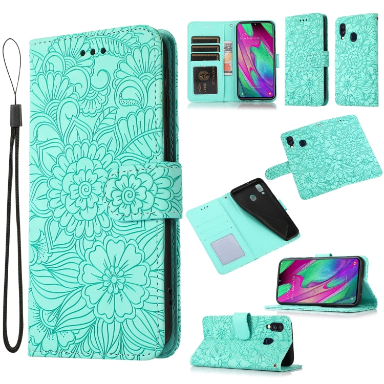 For Samsung Galaxy A40 Skin Feel Embossed Sunflower Horizontal Flip Leather Case with Holder & Card Slots & Wallet & Lanyard